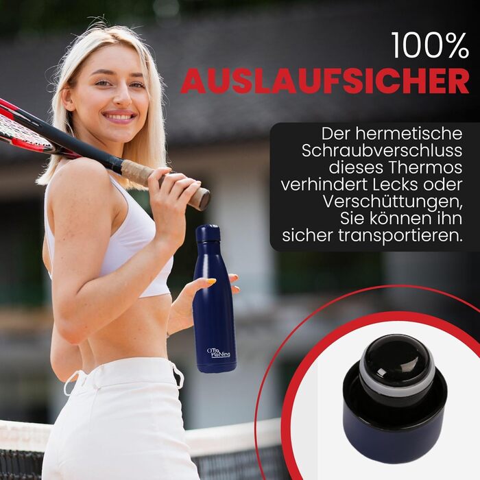 Термос-пляшка з нержавіючої сталі Otto Koning - двостінна вакуумна ізольована термопляшка. Зберігає напої холодними до 24 годин та гарячими до 12 годин. Безпечна, BPA-free (Морська синя, 500 мл)