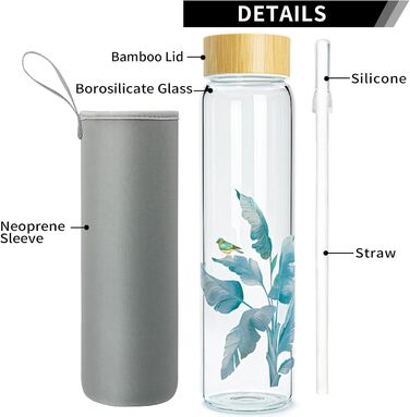 Glass Drinking Bottle 1L Glass Water Bottle with Bamboo Lid 1 Liter (1000ml) (Bird 1liter)