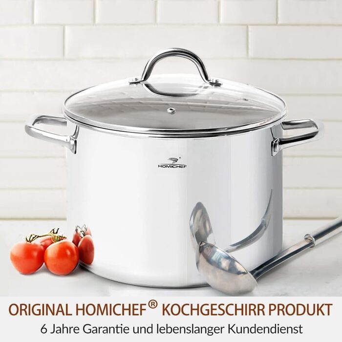 Великий суповий каструля HOMICHEF з нікелевмісної нержавіючої сталі з кришкою, 31 см, 18,9 л, дзеркальна поліровка, для індукції