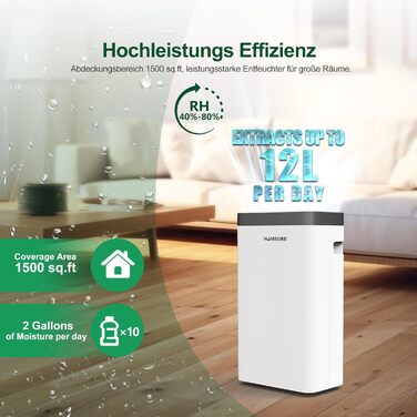 12L/Day Dehumidifier, Electric Dehumidifier with 1.2m Drain Hose, Room Dehumidifier with LED Display, Clothes Drying, Drain Hose, 24H Timer and Defrost, Ideal for Basements, Against Humidity