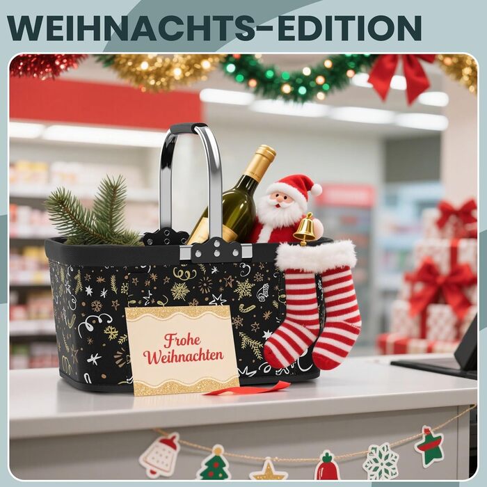 Складаний кошик для покупок на 30L з 4 стійками | Міцний кошик для перенесення та кошик для пікніка | Великий складаний кошик для сім'ї (46x27x25cm) | З м'якими ручками | Для покупок, подорожей, кемпінгу (30L, Чорний з новорічним принтом)