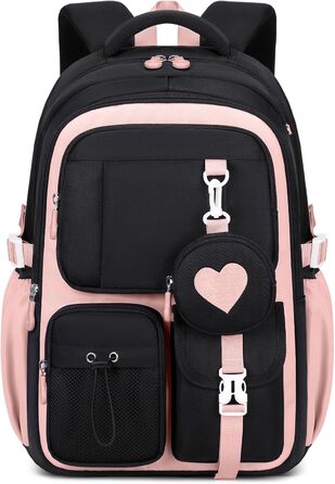 Шкільний рюкзак для дівчинки 1-5 клас, стильний рюкзак у школу та подорожі, з милим гаманцем (чорно-рожевий)