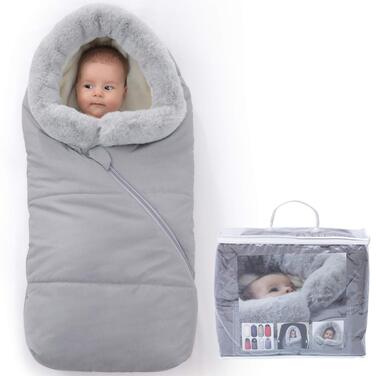 Orzbow Baby Footmuff Stroller Winter Footmuff Buggy, Baby Sleeping Bag Car Seat Winter, with Two-Way Zipper Washable Detachable Faux Fur Collar Fits All Strollers (Light Grey)