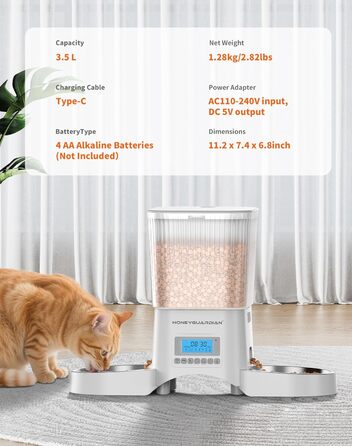 Автоматичний годівниця для котів та собак HoneyGuardian з таймером, 2 миски, 3.5L, стабільна, з антиковзкими ніжками
