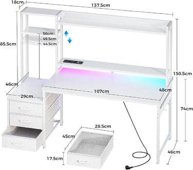Ігровий стіл Coleshome з полицями та шухлядами, 137×48 см. Стіл для геймінгу з LED-підсвічуванням та розеткою, комп'ютерний стіл з місцями для зберігання та підставкою для монітора (білий карбон, 137×48 см)
