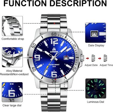 Годинник чоловічий LENQIN з нержавіючої сталі, водонепроникний, з датою, аналоговий кварцовий годинник, бізнес-стиль, срібний колір, синій циферблат