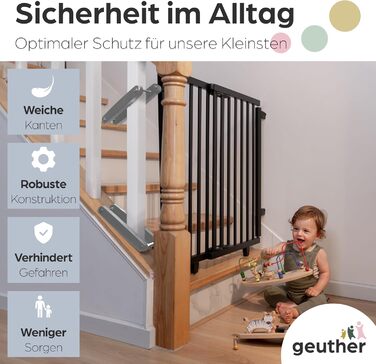 Безпечне ворота Geuther Oris для дитячого захисту на сходах | Дерев'яне ворота з дверцятами, ширина 67-95 см, чорний колір, з кріпленнями для поручнів