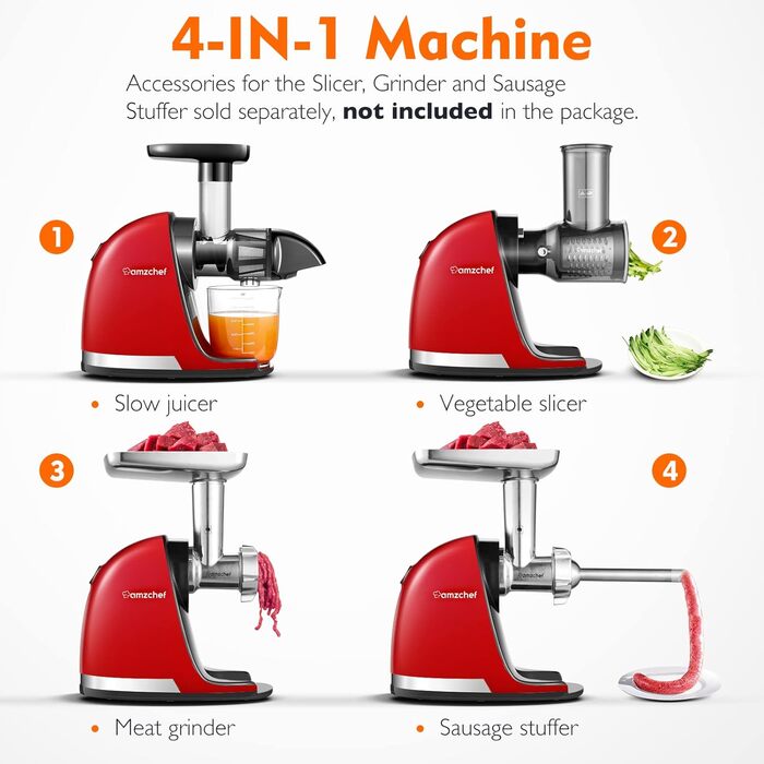 AMZCHEF Juicer for Vegetables and Fruits - Slow Juicer with Reverse-Chewing Function - Gentle Crushing without Filtering - Electric Juicer with Brush and 2 Cups - Rojo