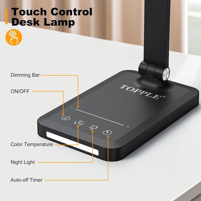 TOPPLEE LED Desk Lamp - Dimmable Table Lamp with Rechargeable Battery, 5 Colors & 10 Brightness Levels, USB Charging Port, Office Lamp for Kids & Home, Black