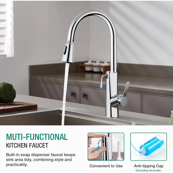 Кран кухонний CREA Wasserfall висувний з дозатором мила, нержавіюча сталь, 360° оберт, 4 режими, хром