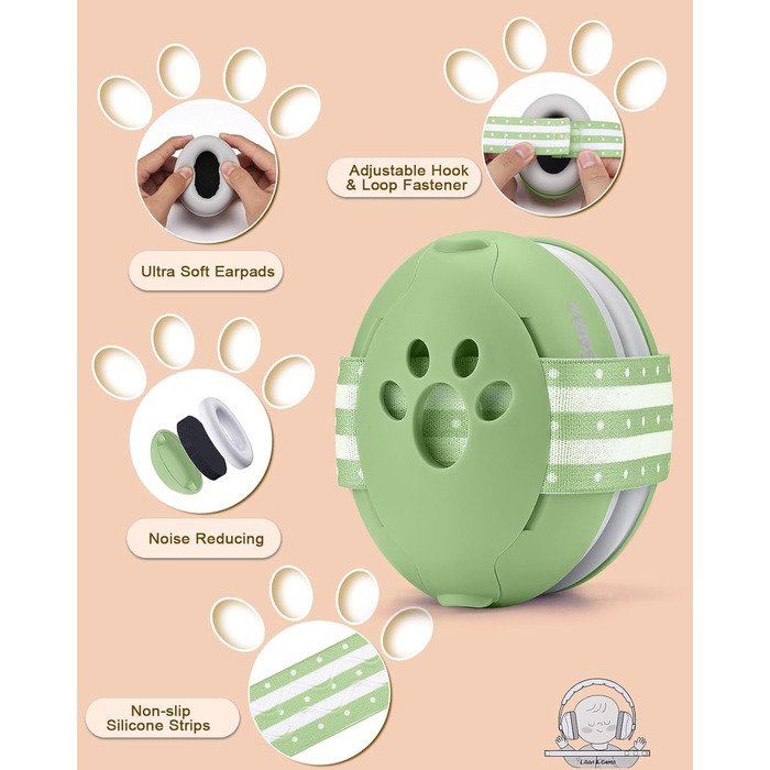 Навушники для захисту від шуму для малюків 0-36 місяців, високоякісні дитячі навушники з регульованим антиковзким обручем, ідеальні для повсякденного використання, сну та подорожей (зелені)