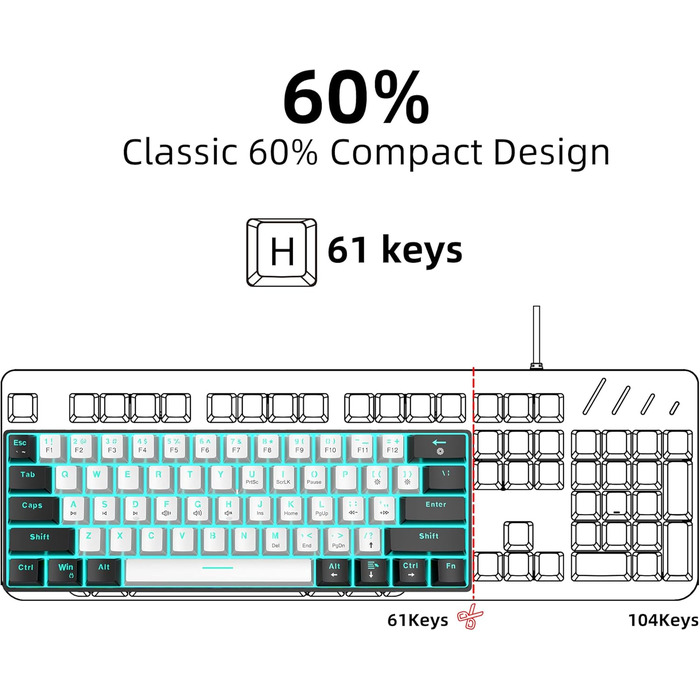 Механічна ігрова клавіатура Snpurdiri 60% з блакитним LED-підсвічуванням, 61 клавіша, Anti-Ghosting, червоний перемикач, компактний дизайн