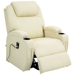 HOMCOM Power Lift TV Chair with Electric Recliner and Lie-Flat Function, TV Chair with Cup Holder, Side Pocket, and Remote Control, Faux Leather, Cream