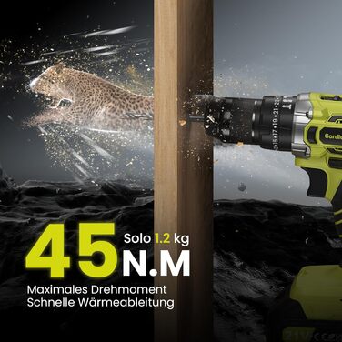 Акумуляторний дриль-шуруповерт 21V з 2 акумуляторами 2000mAh, 45Nm, 2 швидкості, 25+3 ступені крутного моменту, патрон 10мм, 27 предметний набір та кейс для дому та DIY