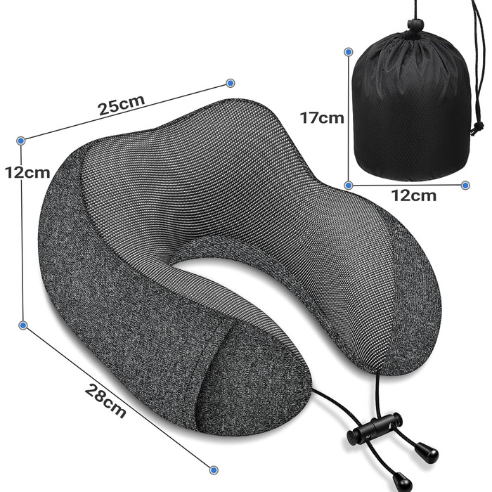 Подушка для шиї у літак - подушка для подорожей 100% Memory Foam - портативна подушка для літака - з 3D-маскою для сну та берушами - ідеальна для літака, авто, дому, офісу, подушка для сну (Сіра)