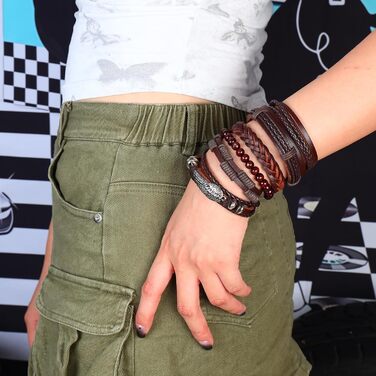 Плетені шкіряні браслети Manfnee (6 шт.) з дерев'яними намистинами для чоловіків та жінок, регульовані