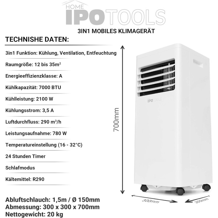 Мобільний кондиціонер IPOTOOLS 3-в-1: охолодження, вентиляція, осушення (9000 BTU)