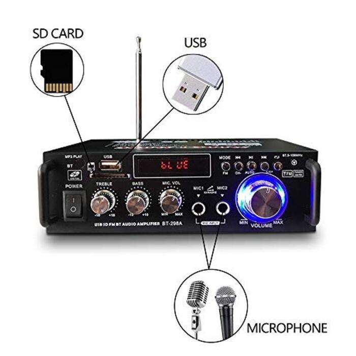 600Вт міні підсилювач цифровий Bluetooth стерео для дому та авто, USB, SD, FM, мікрофон, HiFi, 12В/220В, 2-канальний, LCD, BT298A