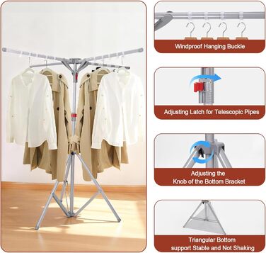 Розкладна сушилка для білизни Standtrockner з 4 крилами, 10 гачків та кліпсою для шкарпеток. Регульована висота, для дому, балкону, кемпінгу (сірий)