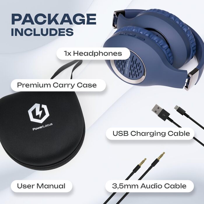 PowerLocus Bluetooth навушники Over-Ear: бездротові, складні, з мікрофоном, Hi-Fi стерео, глибокий бас, для телефону, планшета, ПК (блакитні)