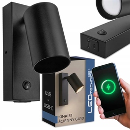 Настінний світильник LEDTechnics чорний GU10 10 Вт з вимикачем та USB-портом