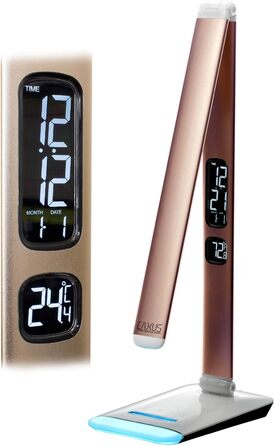 LED лампа Eaxus® для робочого столу 12 Вт з RGB підсвічуванням - регульована настільна лампа 500 lm, сенсорне управління, годинник, календар та індикатор температури, офісна лампа, аксесуари для столу, мідного кольору