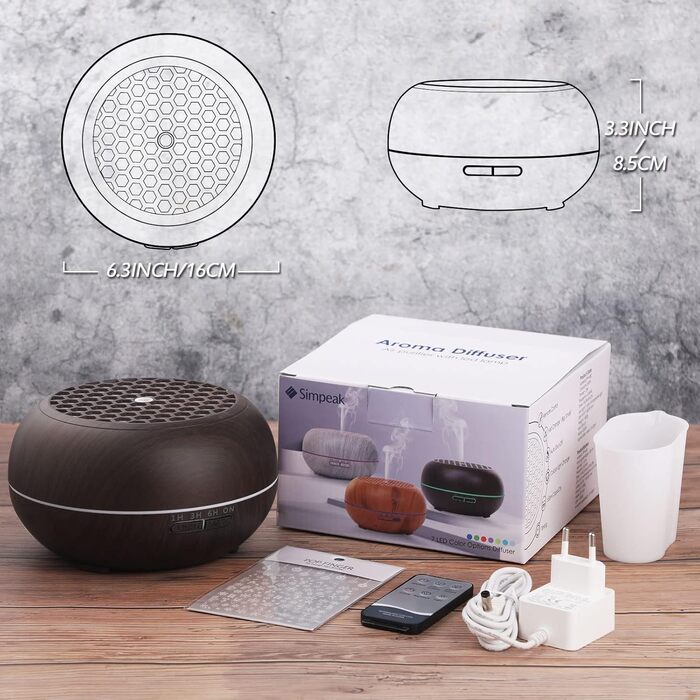 Дифузор аромату Simpeak 550мл, ультразвуковий дифузор для ефірних олій з дерева, зволожувач повітря з дистанційним керуванням (темно-коричневий)