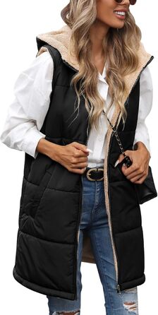Жіноча жилетка Tuopuda з капюшоном, степкова, з флісовою підкладкою, тепла зимова куртка, безрукавка, термо-жилетка, на блискавці, чорна, розмір S