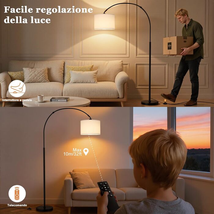 Торшер для вітальні Stehlampe з димером, LED E27, пульт ДУ, 3000K-6000K, бежевий (білий абажур + чорна база). Регульований кут нахилу 350°, висота 180 см.