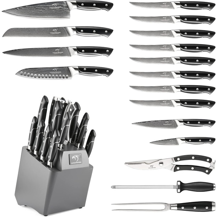 NANFANG BROTHERS 18-Piece Damascus Kitchen Knife Set with Hammered Handles & Wood Block - Premium Sharp Steel Blades