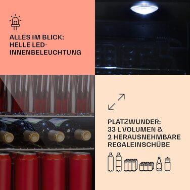 Міні-холодильник Klarstein з дверцятами зі скла, для кімнати, холодильник для напоїв з регульованими полицями, компактний, для використання в приміщенні/на вулиці, тихий (33 л, чорний)