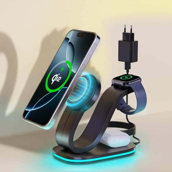 Зарядний станція Aimtel Schwanenhals 3-в-1 Qi2 MagSafe для Apple Watch, iPhone 17 Pro Max/17/16/15 та AirPods (30W, білий/чорний)