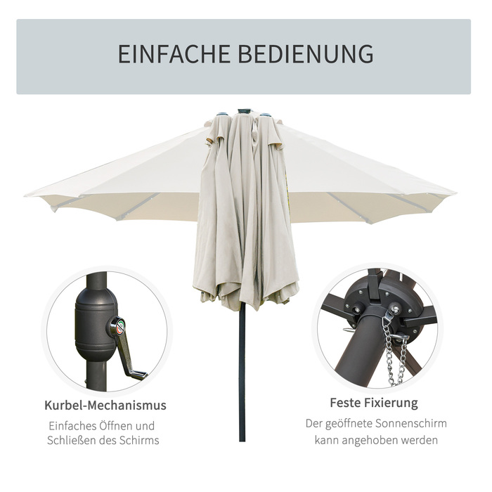 Outsunny Double Canopy Sun Umbrella with LED, 440 x 256 cm, Garden Umbrella with Hand Crank, Patio Umbrella in Cream White for Garden & Patio