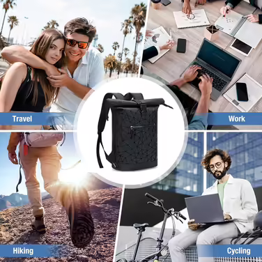 Roll-Top Backpack Waterproof for Women & Men, Large Laptop Backpack with Computer Compartment for 17-inch Laptop, Elegant Travel Backpack Daypack for Travel, Cycling, University, School - Diamond Pattern