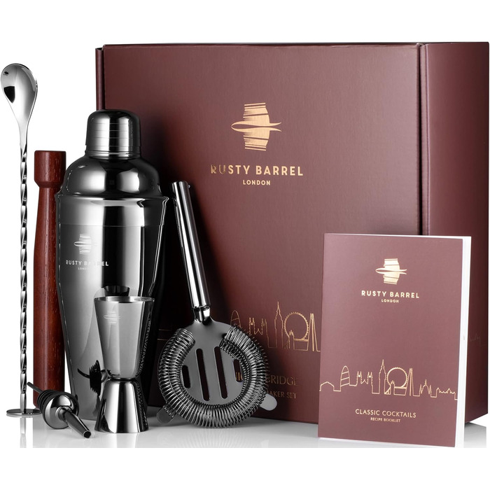 Rusty Barrel Knightsbridge Cocktail Set – Black Stainless Steel Shaker, Wooden Muddler, Bar Strainer, Jigger, Pourer, Coasters, Spoon & Recipe Booklet | Cocktail Accessories in a Luxurious Gift Box