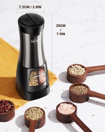 Sangcon електрична млинка 2 в 1 для солі та перцю, USB зарядка, автоматична одноручна, підсвітка, керамічний механізм