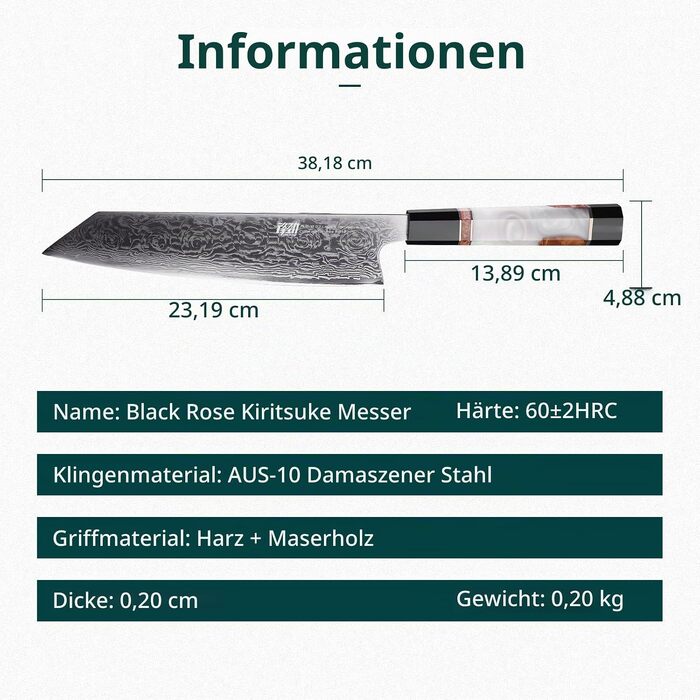 Кухонний ніж Kiritsuke FINDKING серії BLACK-ROSE з дамаської сталі, 23 см