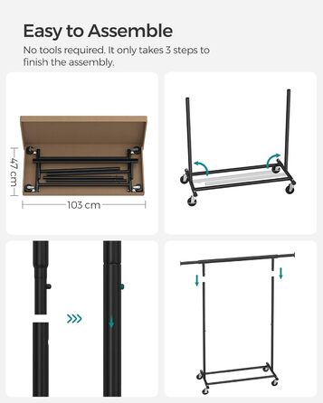 SONGMICS Heavy-Duty Clothes Rack, 2-Piece Set, Rolling Garment Rack, Holds up to 90 kg, with Extendable Closet Rod, Folding Base, Storage for Boxes, HSR013S02 (Black)
