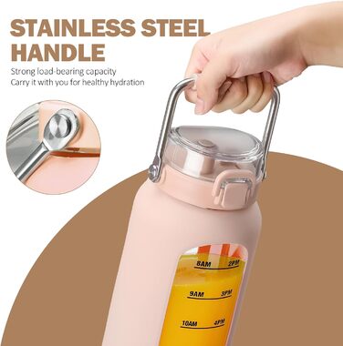 BLUEGO 2000ml Glass Water Bottle with Stainless Steel Handle and Time Marker 2L Motivation Glass Dryer with Silicone Sleeve and Straw for Gym, Office, Outdoors, Sports Water Bottles BPA-Free, (Amber)