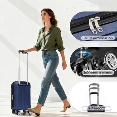 Набір валіз Boleedy 3шт, дорожні валізи (55/66/76 см), ручна поклажа, жорсткий корпус, 360° обертання, тихі подвійні колеса, телескопічна ручка, темно-синій
