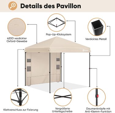 Sekey One-Touch Pop-Up Pavilion 3x3 Waterproof Stable Winter-Proof, Folding Pavilion 3x3m with Thickened Tubes, Party Tent Pavilion Foldable for Camping Festival Party, (Khaki, with Back Wall)