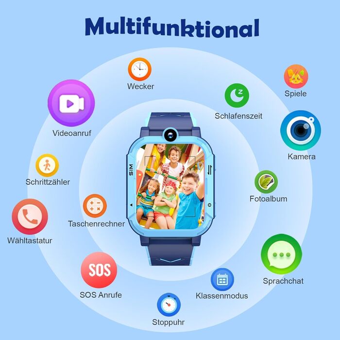 Дитячий розумний годинник Blackview з SIM-картою, GPS-трекером, SOS-кнопкою та функціями 4G (блакитний)