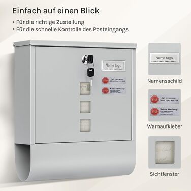 Поштовий ящик WOLTU з газетницею та оглядовим вікном, персоналізований, настінний, з замком та 2 ключами, сірий, 37x37x10.5 см