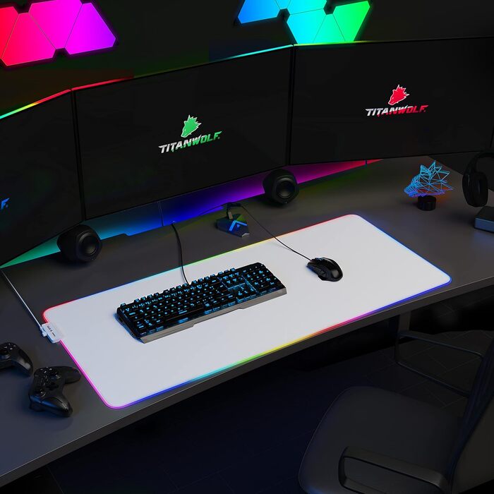 Ігровий килимок для миші TITANWOLF RGB XXL (800x300 мм) з LED-підсвіткою, 11 режимів освітлення, вологостійкий, білий