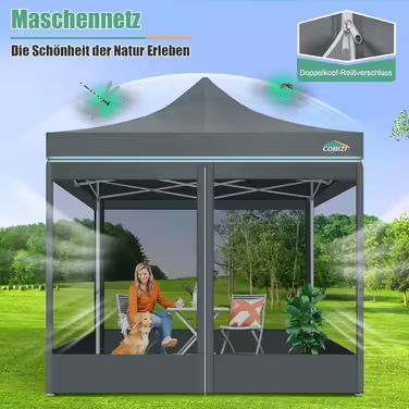 COBIZI Pavilion 3x3m Foldable, Waterproof & Winter-Proof – Stable Garden Tent with 23mm Steel Pipe, UV50+ and Mosquito Nets for Camping/Parties + Carry Bag (Gray, 3mx3m)