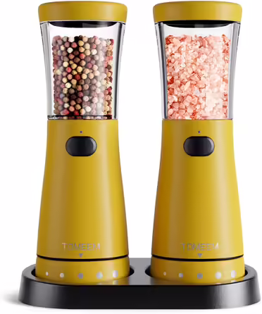 Electric Salt and Pepper Grinder Set of 2, Stainless Steel (Rechargeable, LED Lighting, with Adjustable Ceramic Grinder, Cleaning Brush) Electric Spice Grinder, Yellow
