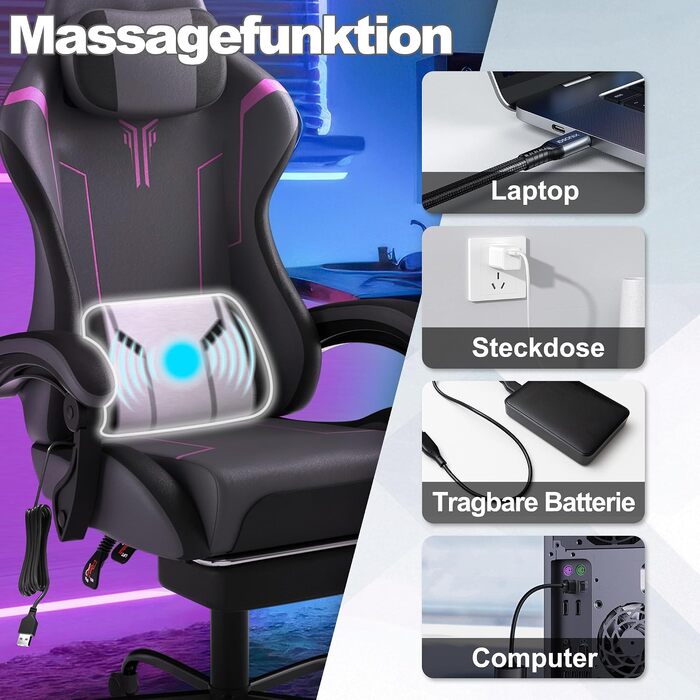 Ігрове крісло FIVMEN Ergonomic Gaming Chair з масажним подушкою, підніжкою та підголівником, ергономічний офісний стілець для геймерів (Сірий/Фіолетовий)