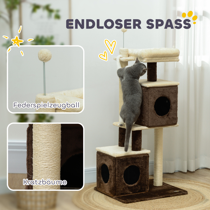 PawHut Дряпка для котів 107 см, котячий комплекс з котячою печерою, ліжком, іграшковим м'ячиком, котячий дряпка-столб з сизалевими дряпальниками, для котів до 5 кг, Темно-коричневий | Aosom