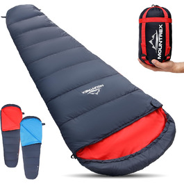 Сплячий мішок MOUNTREX® - компактний та ультралегкий (760г/1500г) - Outdoor спальний мішок для літа (100GSM) / 3-4 сезони (300GSM) Мумієподібний спальний мішок – кемпінг, подорожі, фестивалі – теплий та з'єднувальний темно-синій/червоний літній спальник