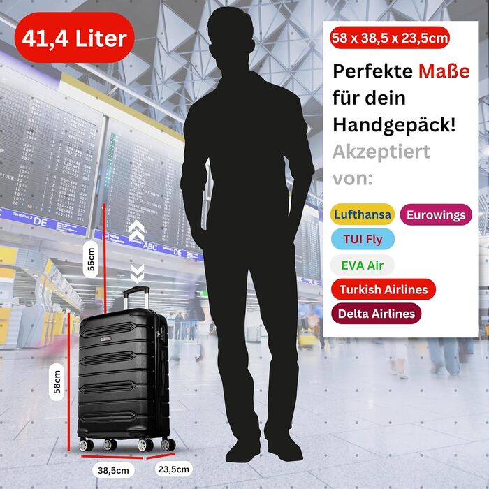 Чемодан NOWI Rhodos – 3-секційний, жорсткий, з ABS, кодовий замок, 4 колеса, розширюваний, 360° обертання, легкий та міцний. Розміри M, L, XL (Чорний)